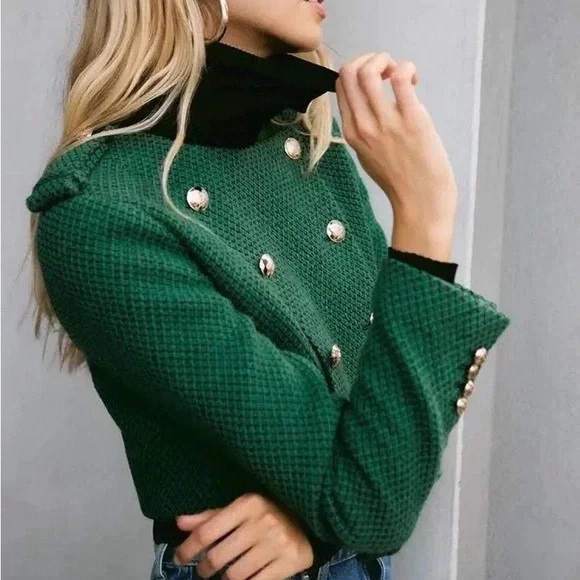 ZARA Green Tweed Cropped Military Button Jacket Size S Gold Button Blazer - Picture 2 of 7